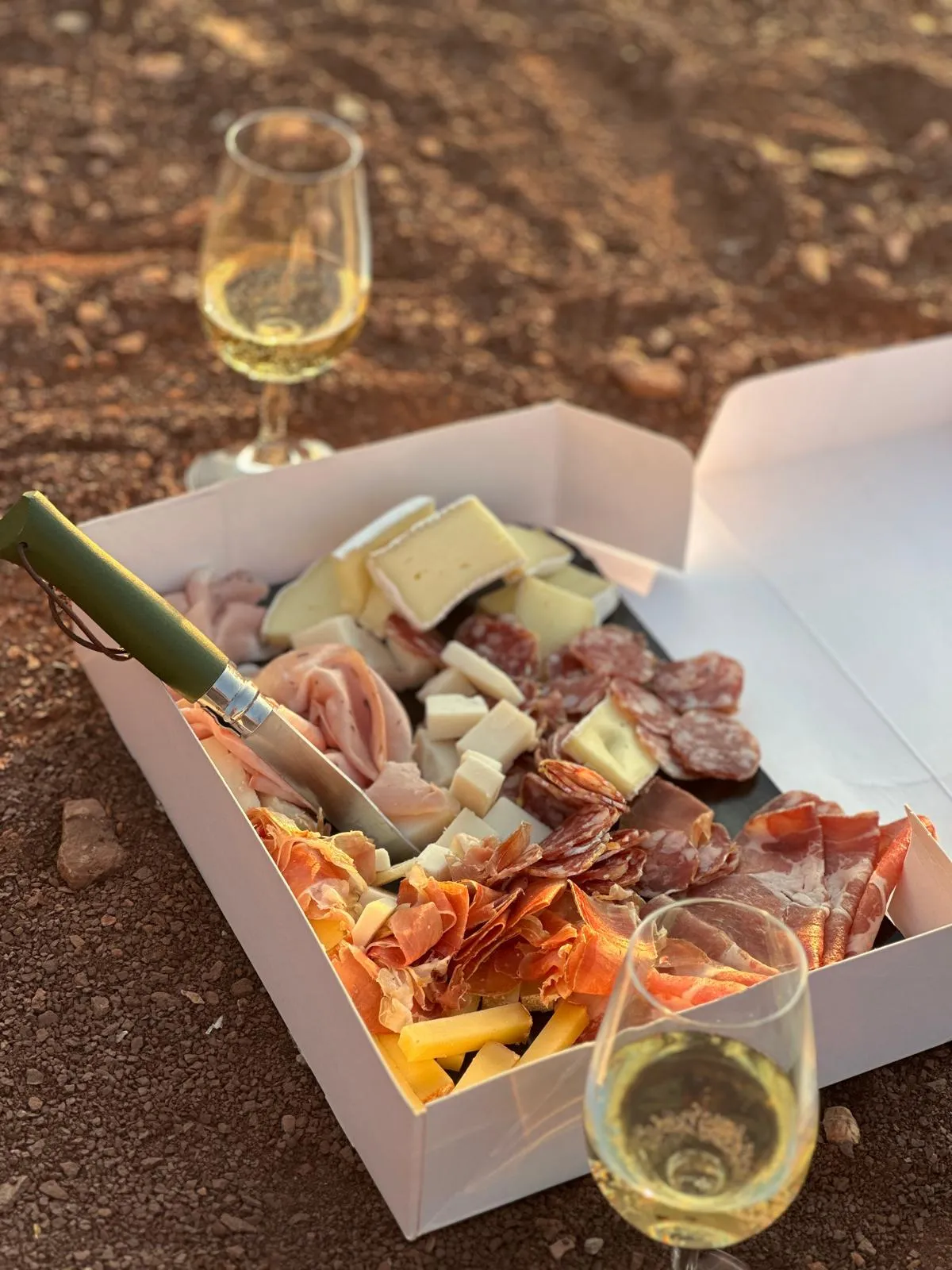 Plateau de charcuteries et fromages servi en extérieur avec deux verres de vin blanc