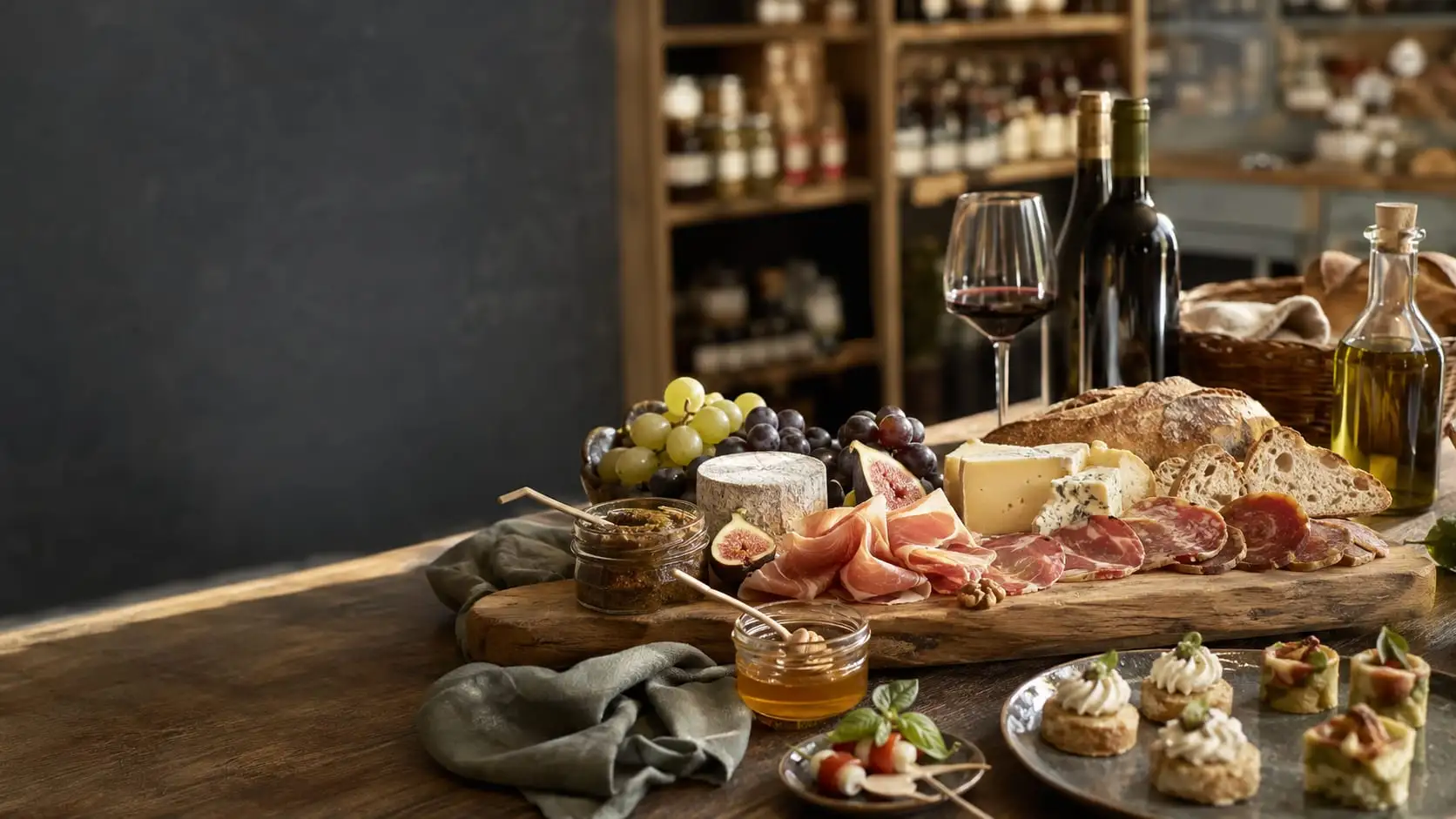 Table gourmande avec charcuteries, fromages, pain, raisins, vin et bouchées apéritives
